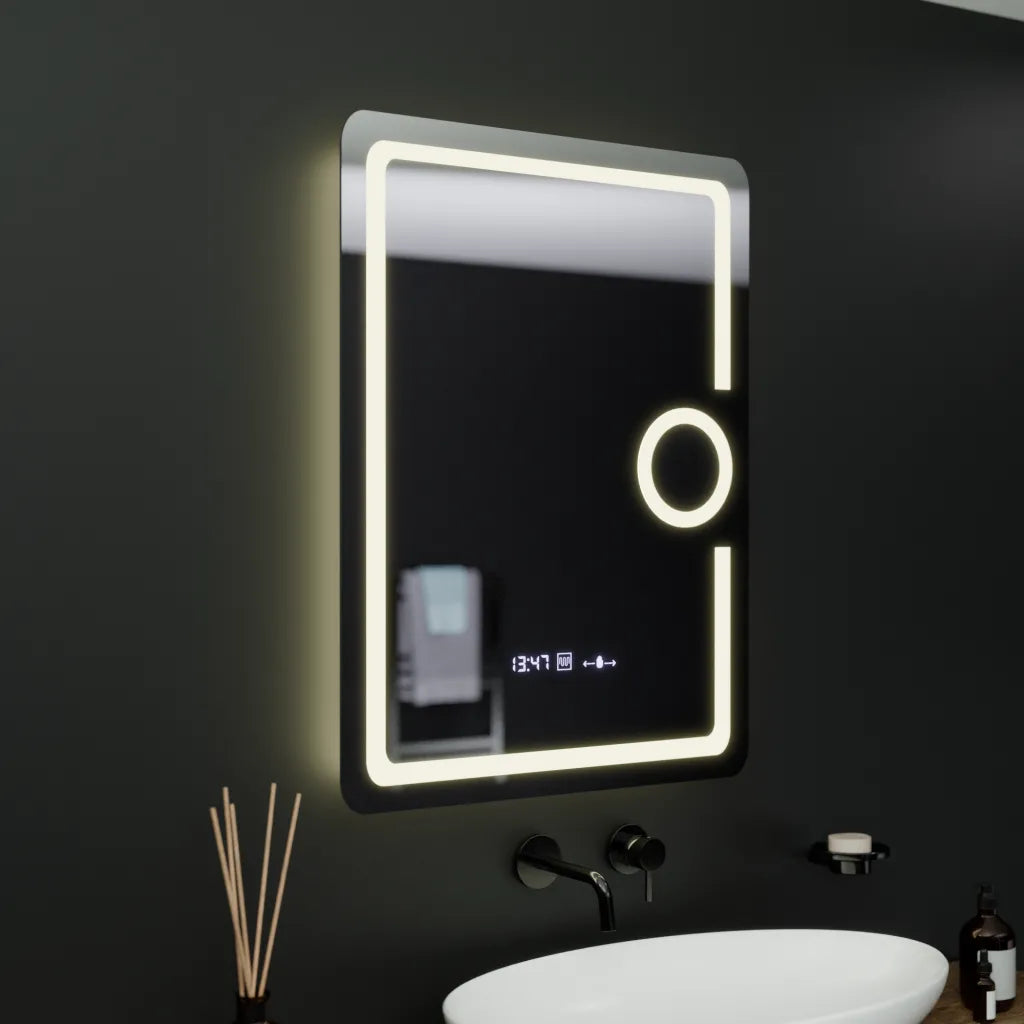 Téglalap alakú LED -tükör, 60x80cm, Eclat MotionGlow Marcello, óra és hőmérő, leolvasztási rendszer, kozmetikai lup