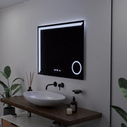 Téglalap alakú LED -tükör, 80x60 cm, precíziós mozgásgátló marcello, letiltási rendszer, óra és hőmérő, kozmetikai nagyító