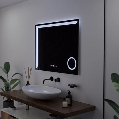 Téglalap alakú LED -tükör, 80x60 cm, precíziós mozgásgátló marcello, letiltási rendszer, óra és hőmérő, kozmetikai nagyító