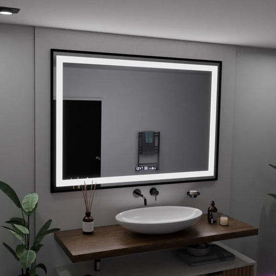 Négyszögletű LED-es tükör, 100x65 cm, Verite Majeste Noir Motion Glow Marcello, páramentesítő rendszer, óra és hőmérő, szabályozható tükrök Marcello alapértelmezett cím Alessandro Design