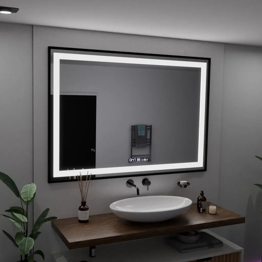 Téglalap alakú LED -tükör, 100x65 cm, Verite Majeste Noir Motion Glow Marcello, behatolási rendszer, óra és hőmérő, dimálható