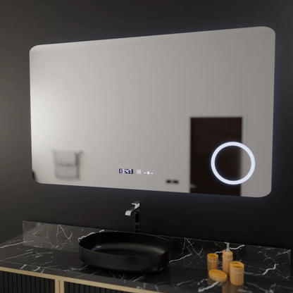 Téglalap alakú LED -tükör, 100x60 cm, Celeste MotionGlow Marcello, leolvasztási rendszer, óra és hőmérő, kozmetikai lupa, dimablable