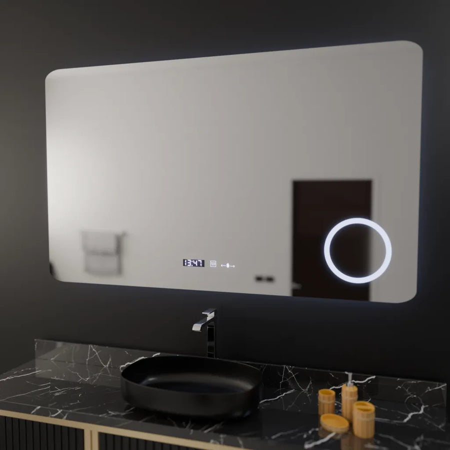 Téglalap alakú LED -tükör, 100x60 cm, Celeste MotionGlow Marcello, leolvasztási rendszer, óra és hőmérő, kozmetikai lupa, dimablable