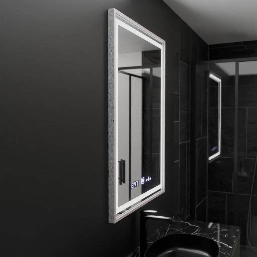Téglalap alakú LED -tükör, 60x80 cm, verites birodalmi ezüst mozgás Glow Marcello, Deprover, óra és hőmérő, Dimable