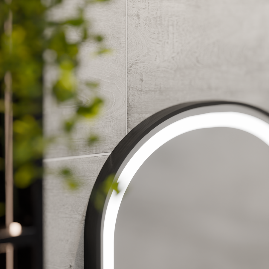 LED tükör Helmut érzékelő páramentesítő rendszer, óra és hőmérséklet 50x90 cm fekete keret szálcsiszolt Marcello Funghi