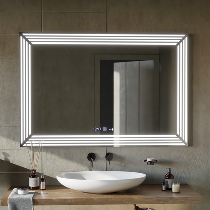Téglalap alakú LED -tükör, 60x80cm, venezia érzékelő mozgásglow marcello, leolvasztási rendszer, óra és hőmérő, dimálható