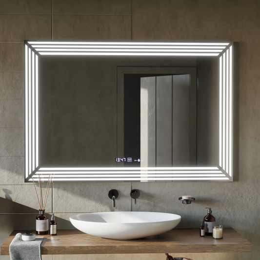 Téglalap alakú LED -tükör, 60x80cm, venezia érzékelő mozgásglow marcello, leolvasztási rendszer, óra és hőmérő, dimálható