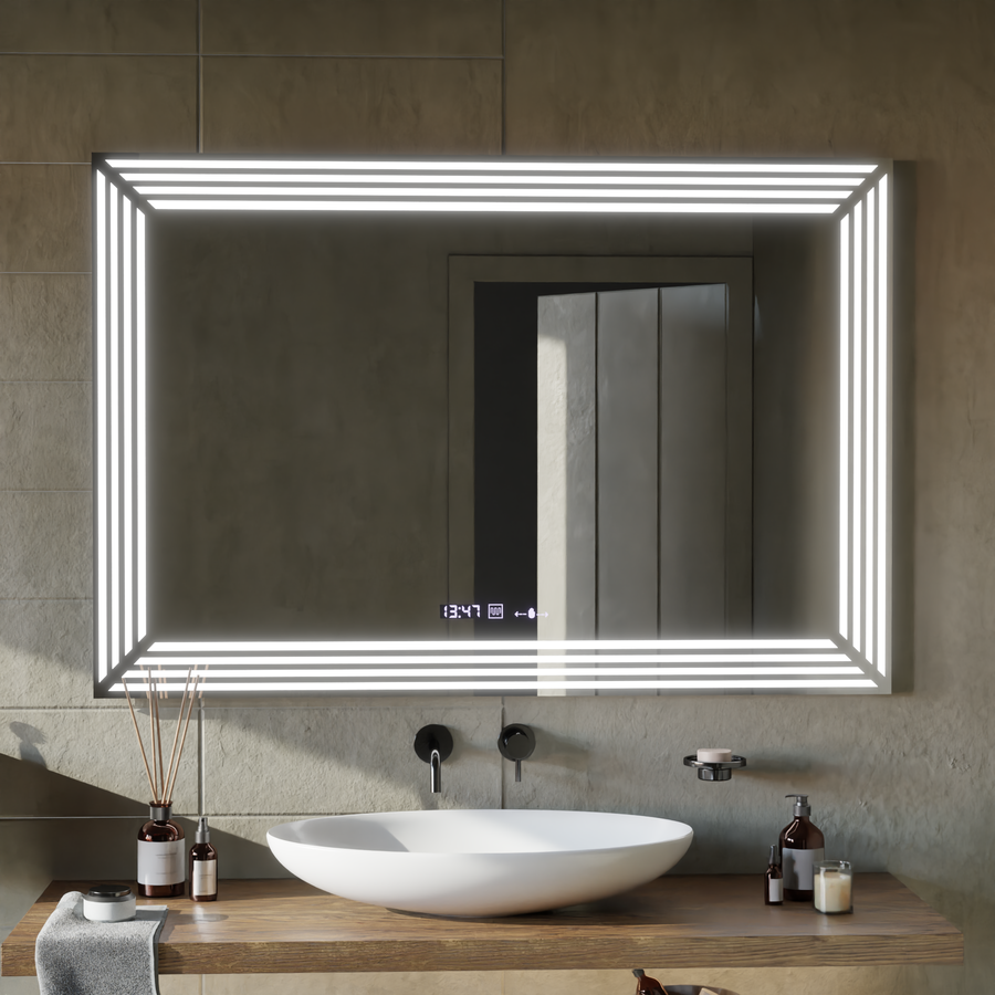 Téglalap alakú LED -tükör, 60x80cm, venezia érzékelő mozgásglow marcello, leolvasztási rendszer, óra és hőmérő, dimálható