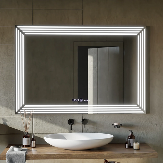 Négyszögletű LED tükör, 120x80cm, Venezia Sensor MotionGlow Marcello, Páramentesítő rendszer, Óra és hőmérő, szabályozható