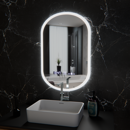 Ovális LED -tükör, 50x80 cm, Lucia érzékelő Marcello, leolvasztási rendszer, óra és hőmérő, dimálható