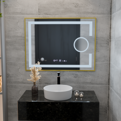 Téglalap alakú LED -tükör, 80x60 cm, Eclat MotionGlow Marcello, helyettes rendszer, óra és hőmérő, kozmetikai lup, dimablázható, arany ramacsiszolt