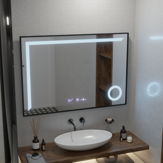 LED -érzékelő mozgásgátló Sofia érzékelő leolvasztási funkcióval, hőmérő 110x75 cm meleg/hideg fény/neutra méretű, fekete kefe keret, marcello funghi kollekció