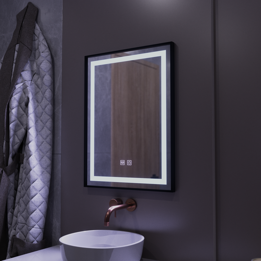 Négyszögletű LED tükör, 60x80cm, EDGE Touch, Páramentesítő rendszer, Fekete keret