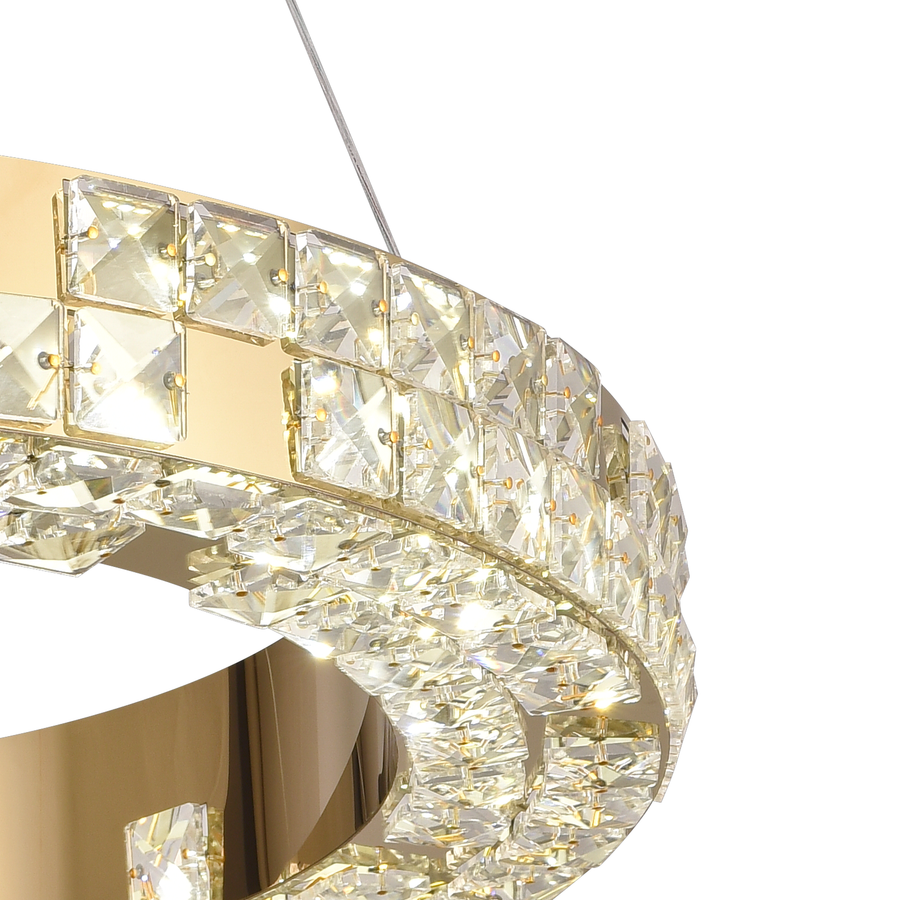 LED-csillár távirányítóval, LLC135/2GD, kristály és fém, 80 W, 2 kör, szabályozható, állítható magasságú, hideg/meleg/semleges fény 3000K/4000K/6000K, luxus világítás