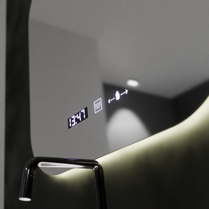 Mirror LED téglalap alakú 60x60 aura riflesso puro mozgásglow marcello, letiltási rendszer, hőmérő és óra