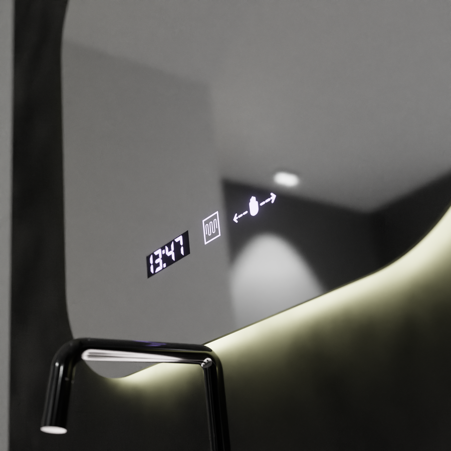 Mirror LED téglalap alakú 60x60 aura riflesso puro mozgásglow marcello, letiltási rendszer, hőmérő és óra