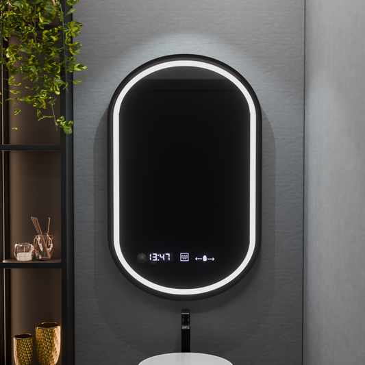 Ovális LED -tükör, 50x80cm, Alessia Motionglow Marcello, helyettes rendszer, óra és hőmérő, dimálható