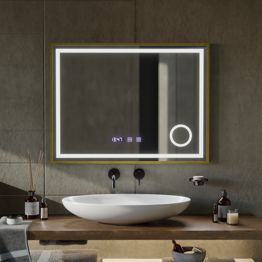 Mirror LED Touch Rolf Rolf Systems, óra és hőmérséklet 80x60 cm Arany Ramahed Cosmetics Lup
