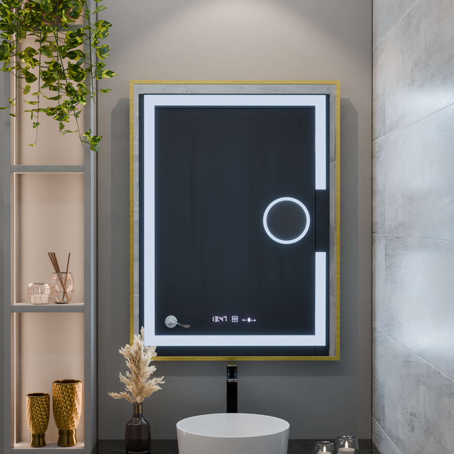 Téglalap alakú LED -tükör, 50x70 cm, Eclat MotionGlow Marcello, leolvasztási rendszer, óra és hőmérő, kozmetikai lup