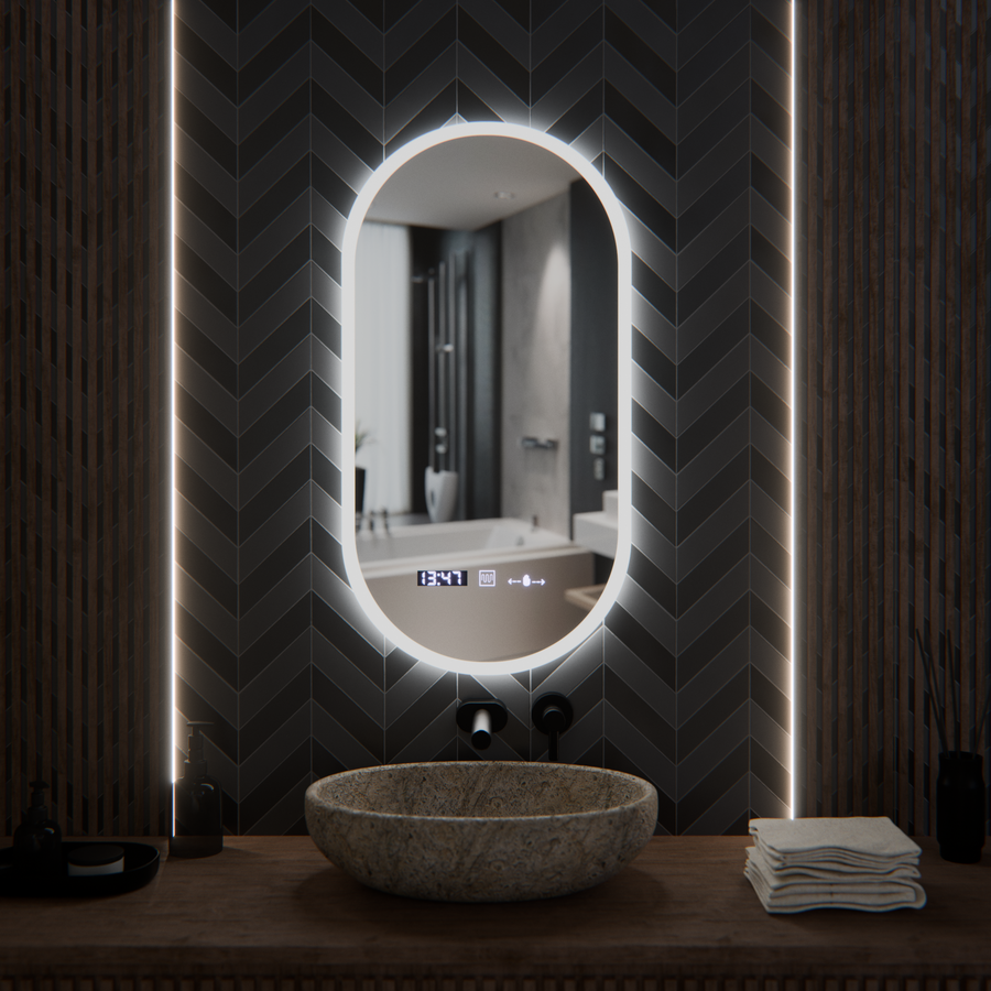 Ovális LED -tükör, 50x100 cm, Lucia érzékelő Marcello, leolvasztási rendszer, óra és hőmérő, dimálható