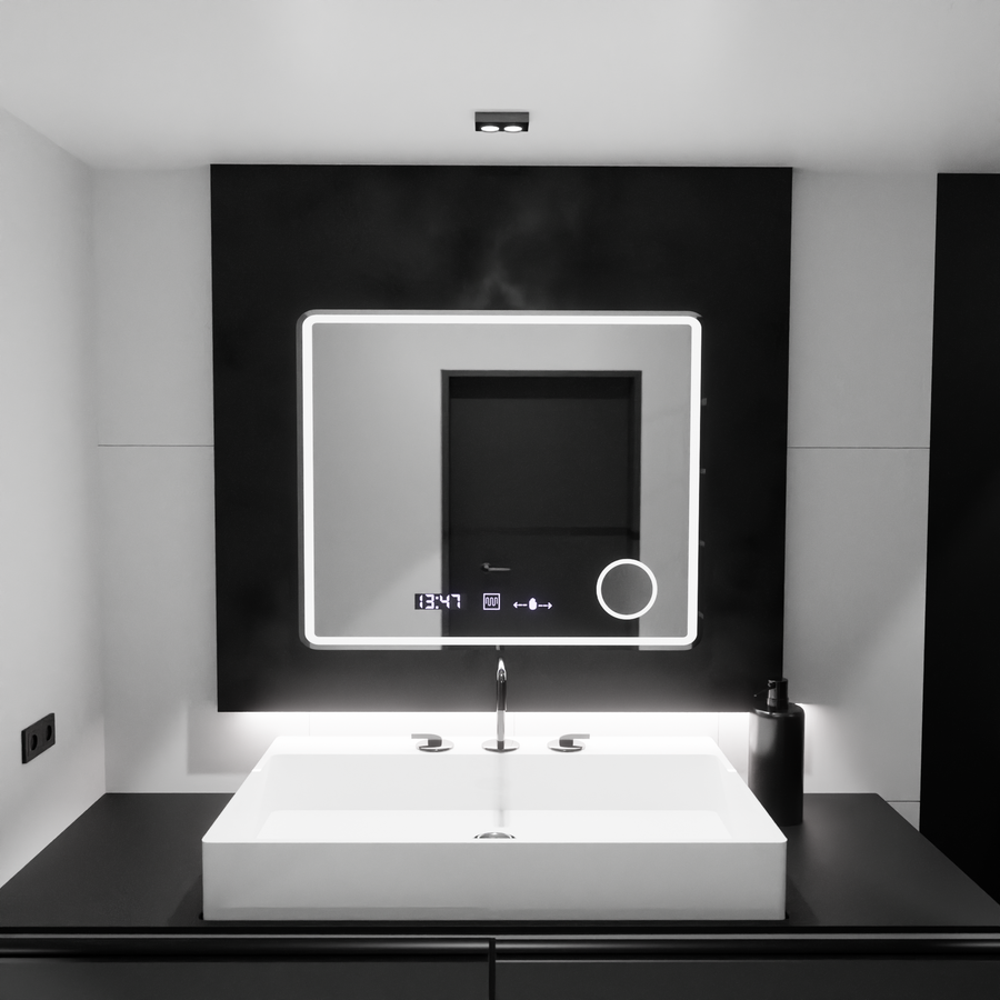 Téglalap alakú LED -tükör, 90x75 cm, riflesso mozgásglow marcello, helyettes rendszer, óra és hőmérő, kozmetikai lup