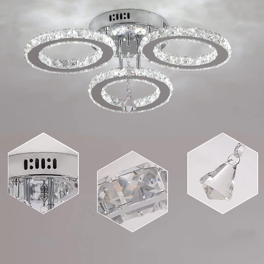 LED -csillár távirányítóval és Crystal Alanubis 37W, 3 kör, hideg/forró/semleges fény, Under, fényes króm