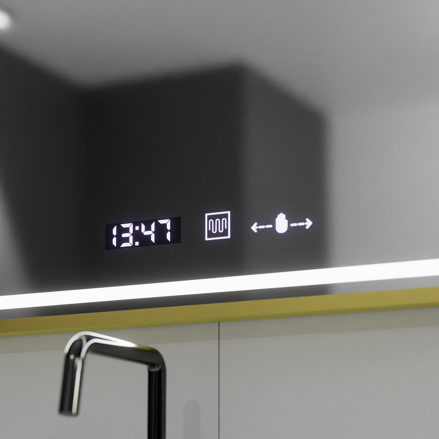 Téglalap alakú LED -tükör, 80x60 cm, Royale Gold MotionGlow Marcello, Deprover, óra és hőmérő, dimálható