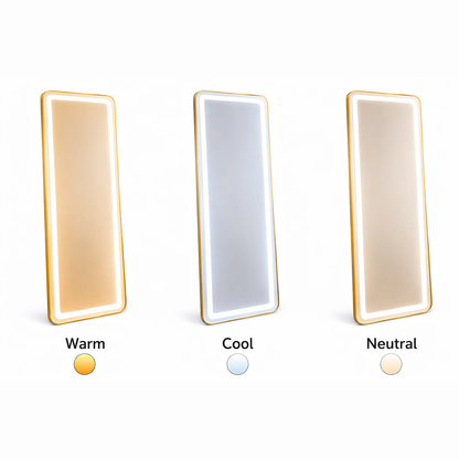 Négyszögletű LED tükör, arany keret, 50x160 cm, szabályozható, hideg/meleg/semleges fény, öltözködési stílus