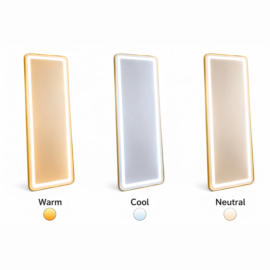 Négyszögletű LED tükör, arany keret, 50x160 cm, szabályozható, hideg/meleg/semleges fény, öltözködési stílus