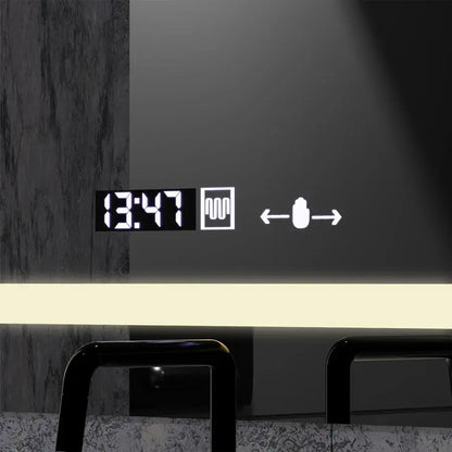 Téglalap alakú LED -tükör, 80x60 cm, definíciós mozgásgátló marcello, letiltási rendszer, óra és hőmérő, kozmetikai nagyító