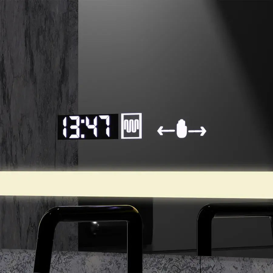 Téglalap alakú LED -tükör, 80x60 cm, definíciós mozgásgátló marcello, letiltási rendszer, óra és hőmérő, kozmetikai nagyító