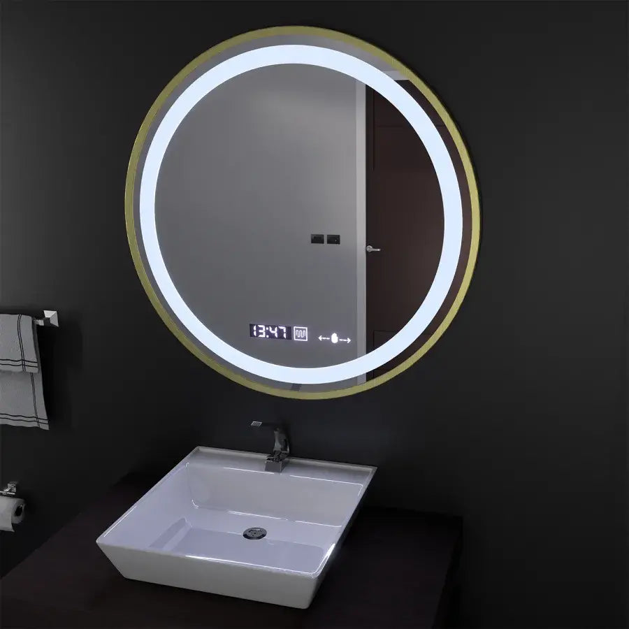 Kerek LED -tükör, 60 cm, Celeste Royale Gold Motionglow Marcello, helyettes rendszer, óra és hőmérő, dimálható