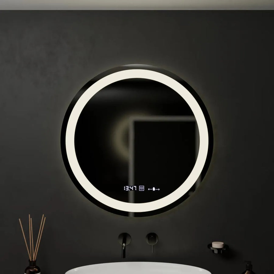 Kerek LED -tükör, 60 cm, Celeste Motionglow Marcello, helyettes rendszer, óra és hőmérő, dimálható