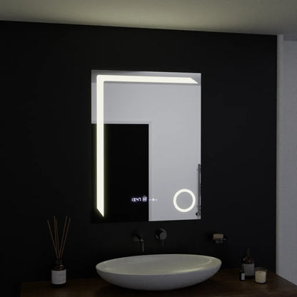 Téglalap alakú LED -tükör, 60x80 cm, precíziós mozgásgátló marcello, letiltási rendszer, óra és hőmérő, kozmetikai nagyító