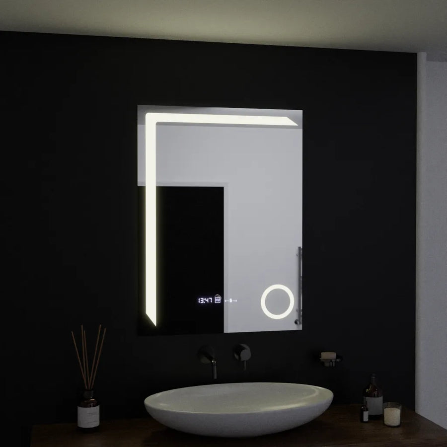 Téglalap alakú LED -tükör, 60x80 cm, precíziós mozgásgátló marcello, letiltási rendszer, óra és hőmérő, kozmetikai nagyító