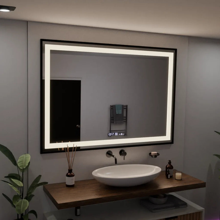 Téglalap alakú LED -tükör, 100x65 cm, Verite Majeste Noir Motion Glow Marcello, behatolási rendszer, óra és hőmérő, dimálható