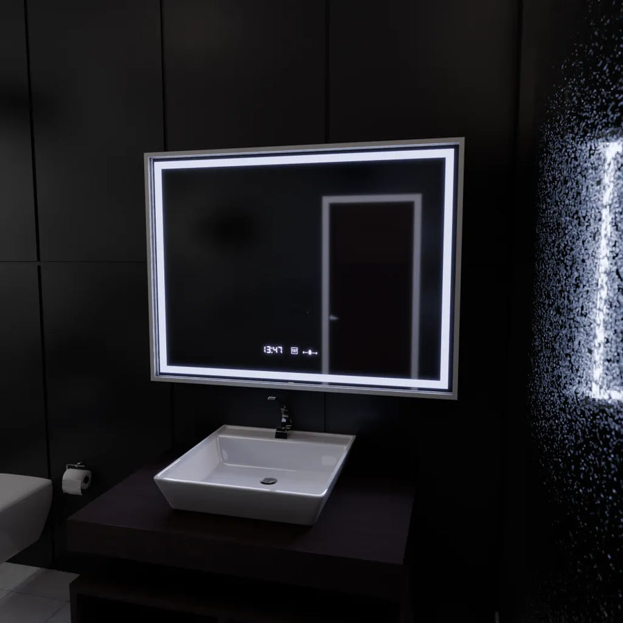 Téglalap alakú LED -tükör, 120x80 cm, verite birodalmi ezüst mozgás ragyogó marcello, leolvasztási rendszer, óra és hőmérő, dimálható