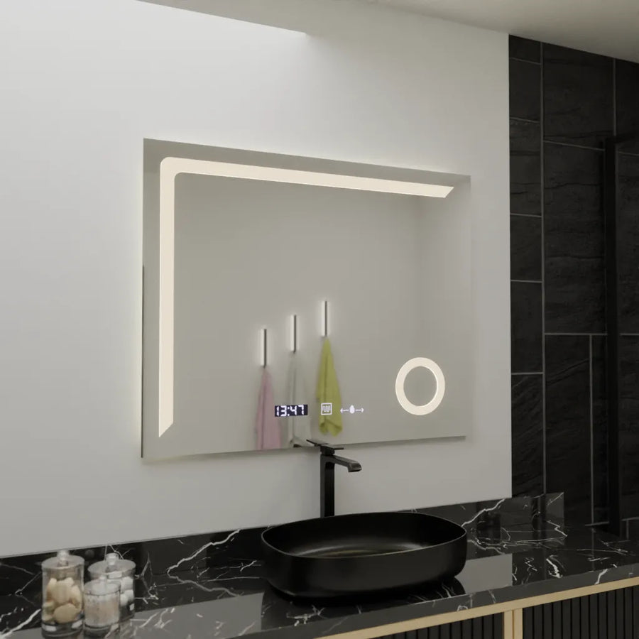 Téglalap alakú LED -tükör, 100x80 cm, precíziós mozgásgátló marcello, letiltási rendszer, óra és hőmérő, kozmetikai nagyító