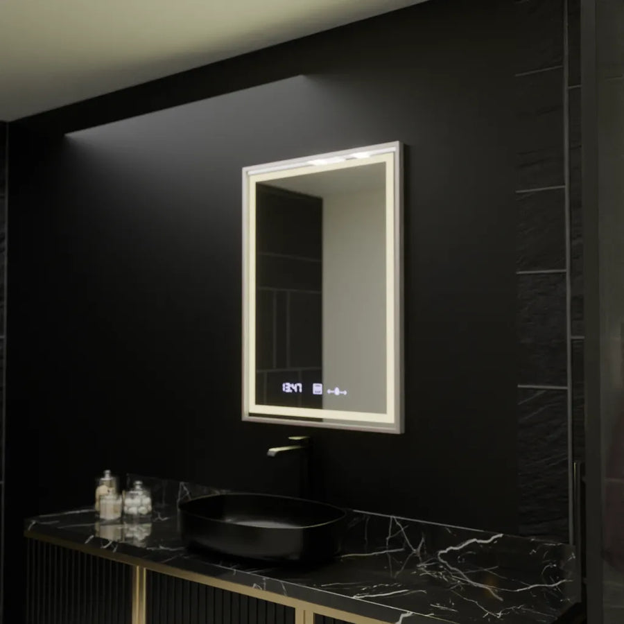 Téglalap alakú LED -tükör, 60x80 cm, verites birodalmi ezüst mozgás Glow Marcello, Deprover, óra és hőmérő, Dimable