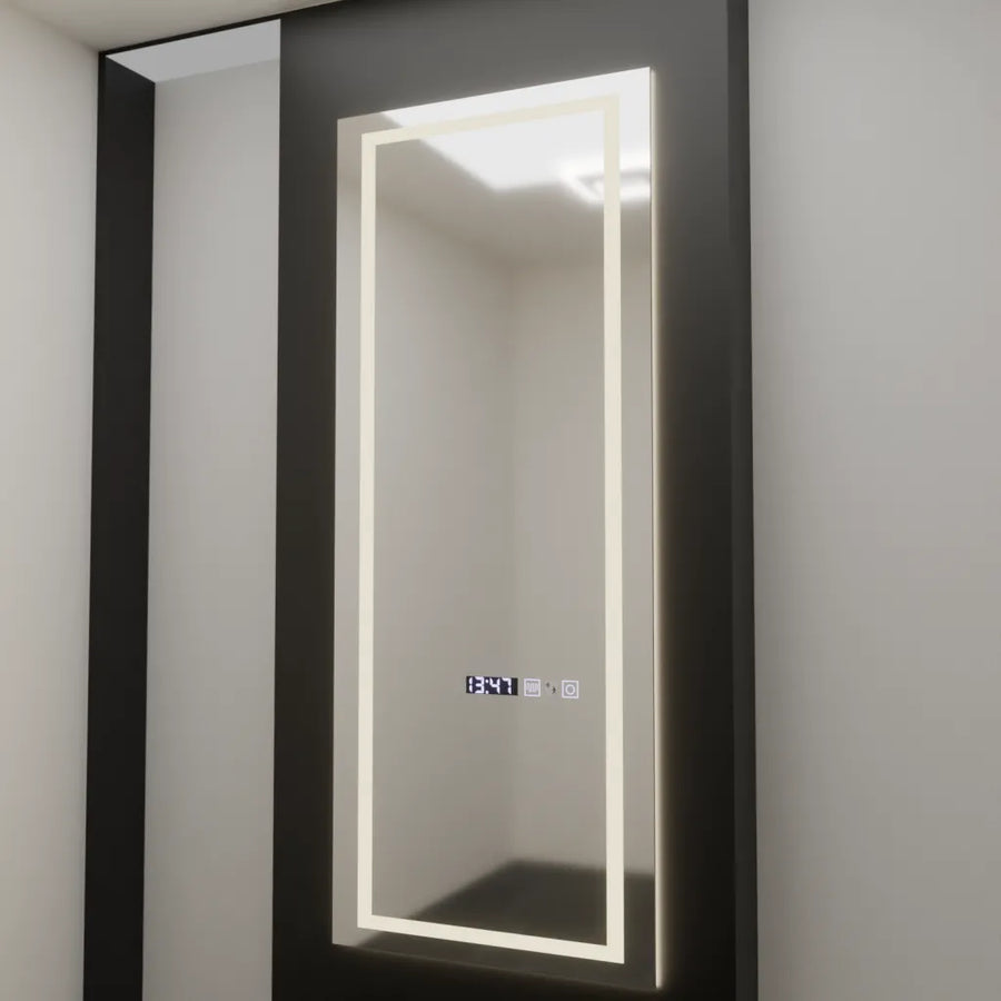 Téglalap alakú LED -tükör, 60x150 cm, Alessia érzékelő radar Marcello, Leírásító rendszer, óra és hőmérő, dimálható, öltözködés couture