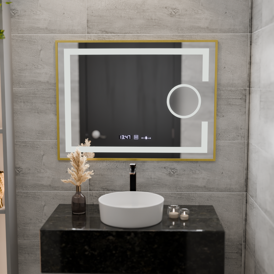 Téglalap alakú LED -tükör, 80x60 cm, Eclat MotionGlow Marcello, helyettes rendszer, óra és hőmérő, kozmetikai lup, dimablázható, arany ramacsiszolt