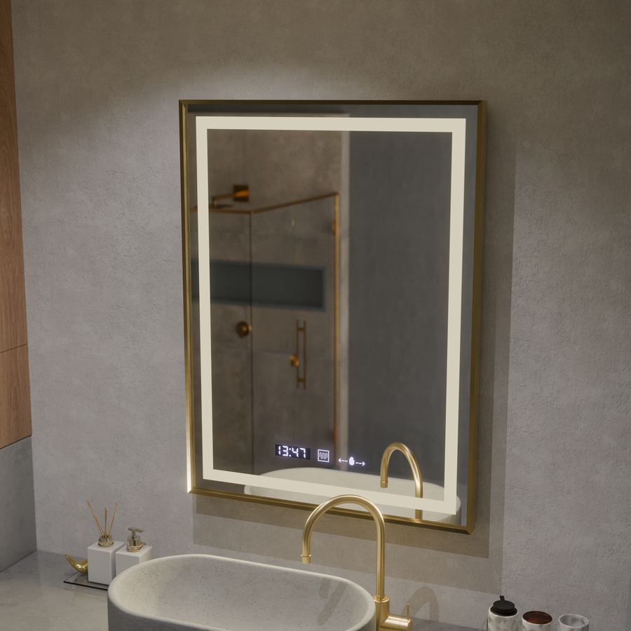 Téglalap alakú LED -tükör, 60x80 cm, Royale Gold MotionGlow Marcello, szünetrendszer, óra és hőmérő, dimálva