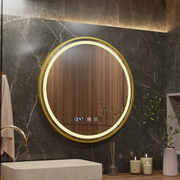 LUSSO LED érintőtükör, páramentesítő rendszer, óra és hőmérséklet, átmérő 60 cm, szálcsiszolt arany keret, semleges, meleg fény 3000K/4500K/6000K, szabályozható