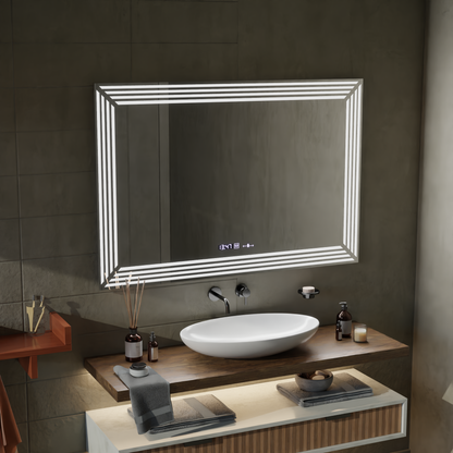 Téglalap alakú LED -tükör, 60x80cm, venezia érzékelő mozgásglow marcello, leolvasztási rendszer, óra és hőmérő, dimálható