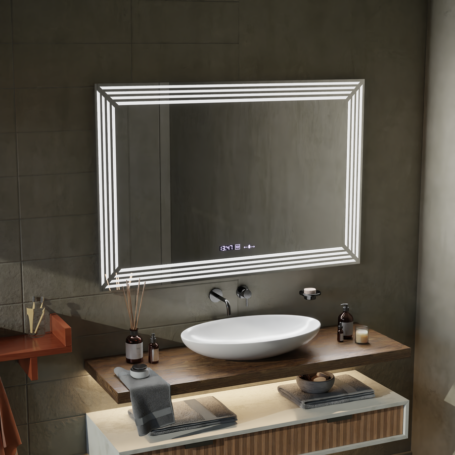 Téglalap alakú LED -tükör, 60x80cm, venezia érzékelő mozgásglow marcello, leolvasztási rendszer, óra és hőmérő, dimálható