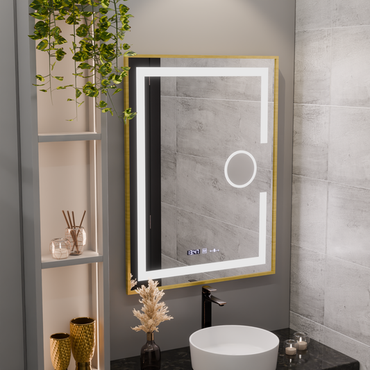 Téglalap alakú LED -tükör, 50x70 cm, Eclat MotionGlow Marcello, leolvasztási rendszer, óra és hőmérő, kozmetikai lup