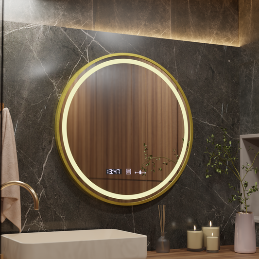 Kerek LED -tükör, 70 cm, Celeste Royale Gold Motionglow Marcello, helyettes rendszer, óra és hőmérő, dimálható