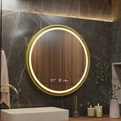 Kerek LED -tükör, 60 cm, Celeste Royale Gold EleVe MotionGlow Marcello, Deletelő Rendszer, óra