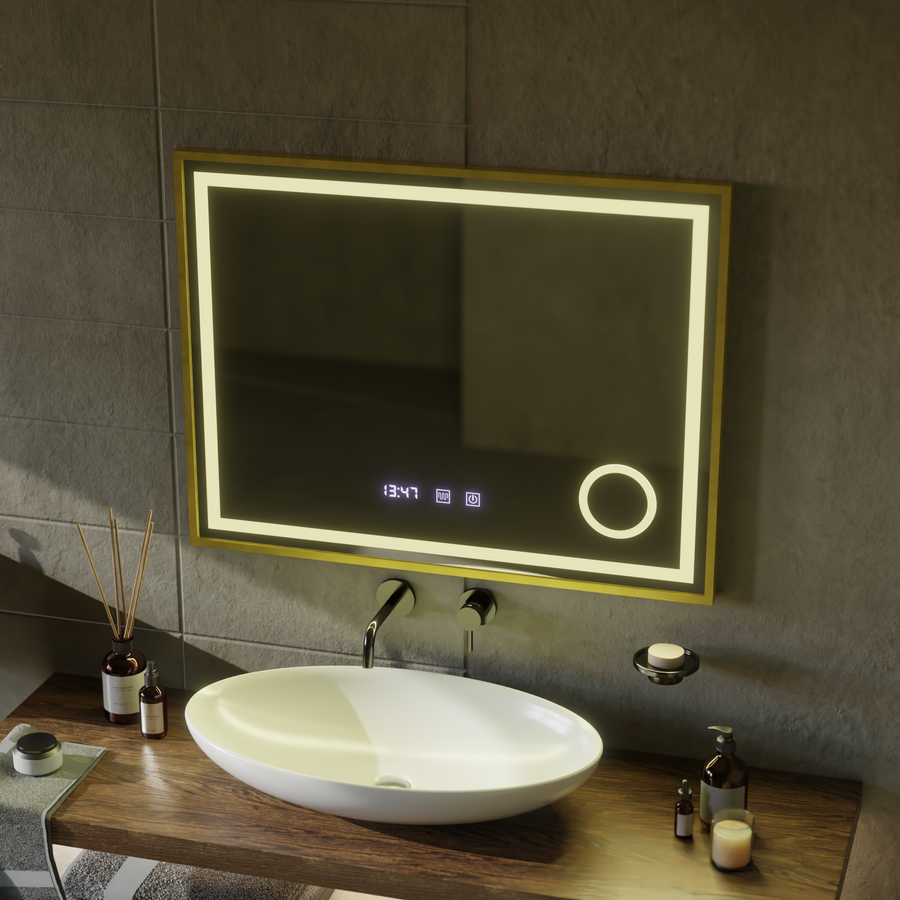 Mirror LED Touch Rolf Rolf Systems, óra és hőmérséklet 80x60 cm Arany Ramahed Cosmetics Lup