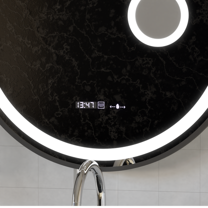Kerek LED -tükör, 60 cm, Micah Motionglow érzékelő Marcello, leolvasztási rendszer, óra és hőmérő, kozmetikai lupa, dimálható